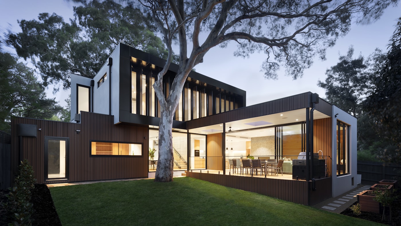 Architectural interior at dusk