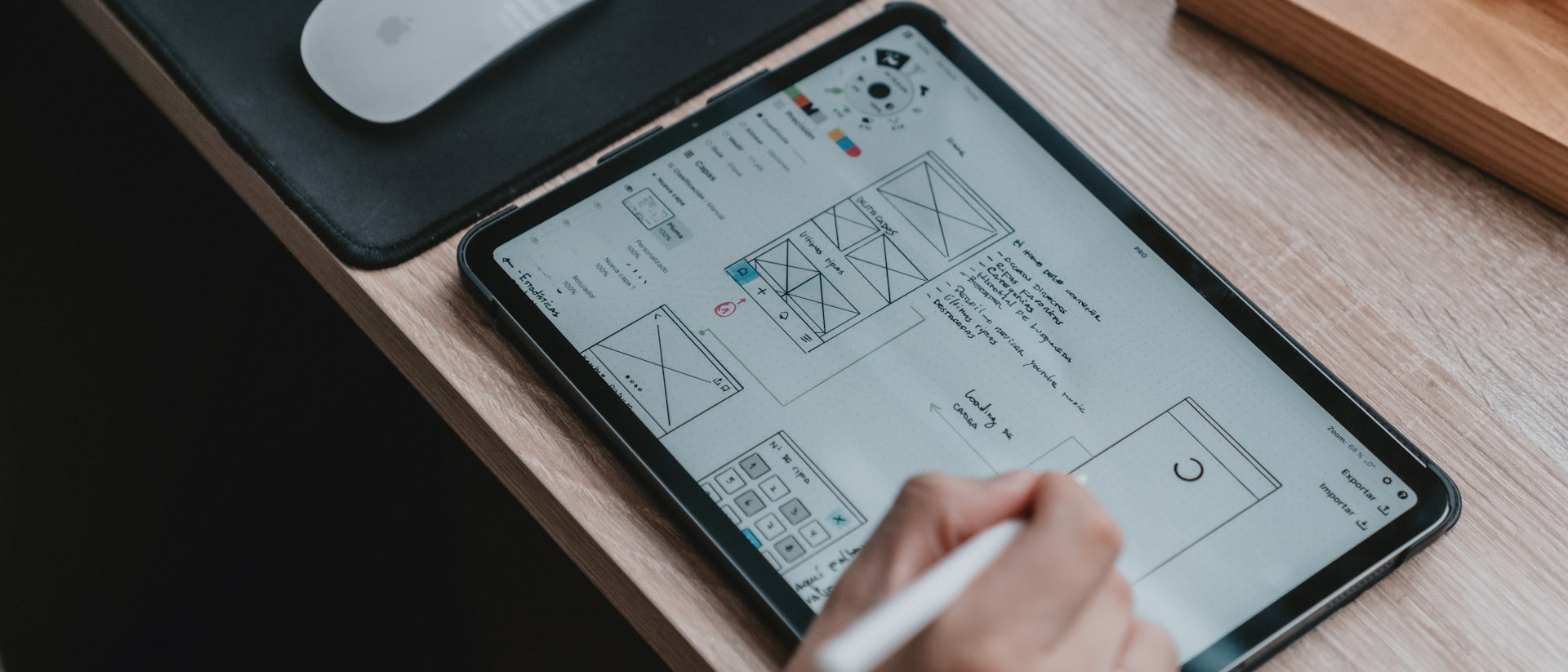 Interface wireframes on a tablet